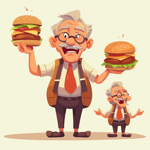 Vector grandpa savoring a hamburger vector illustration flat style