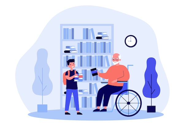 Vector grandpa in wheelchair and boy holding books