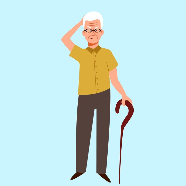 Vector grandpa with a cane thinks tries to remember an elderly character with alzheimer s disease