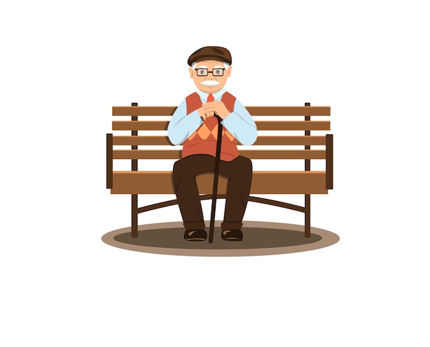 Grandpa with gray hair sits on a bench