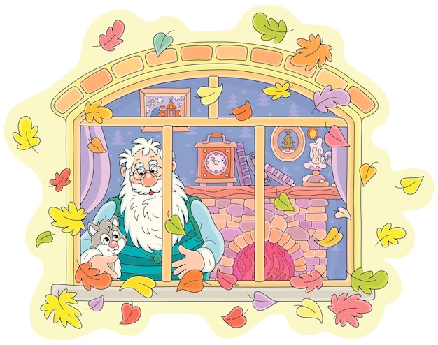 Vector grandpa with a white bread and a cute kitten looking out of a window surrounded by colorful leaves