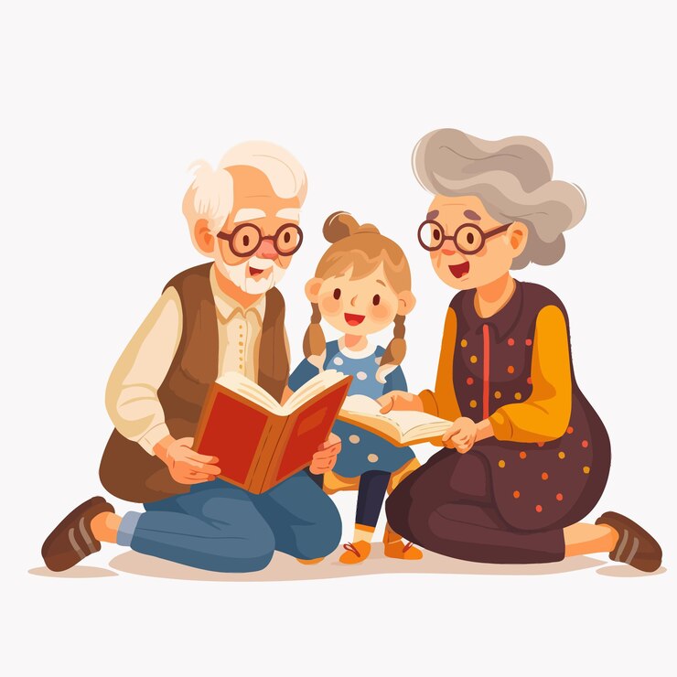 бабушка и дедушка и семья читают книги вместе