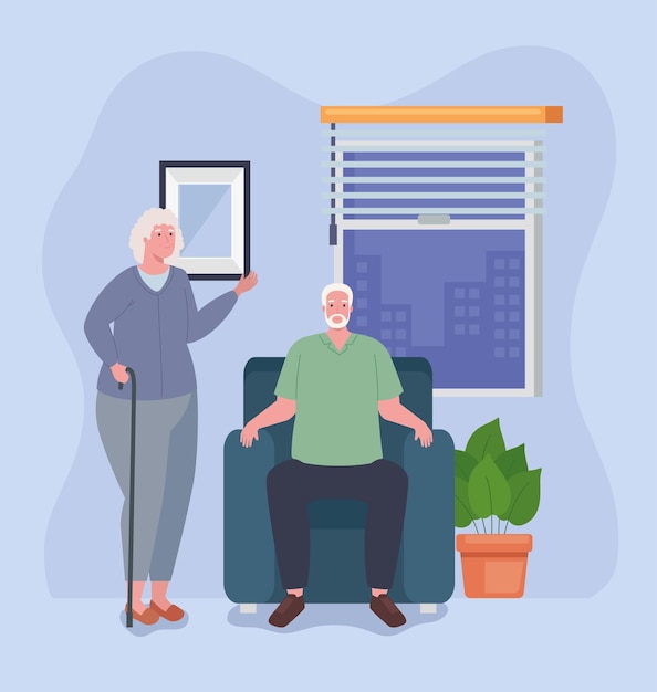 Vector grandparents couple in livingroom