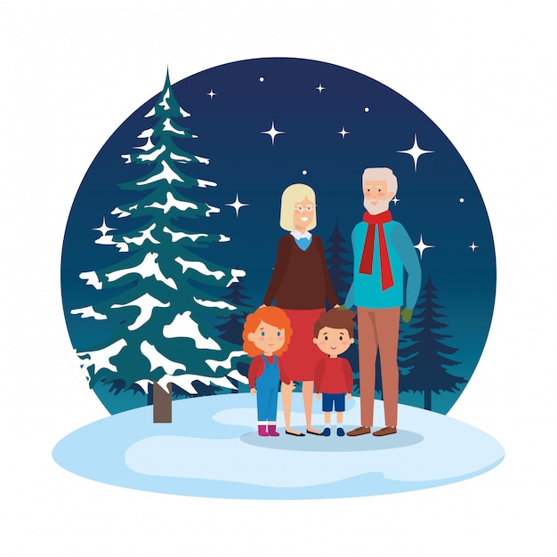 Grandparents couple with kids in snowscape