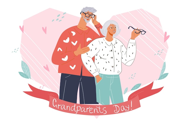 Bandiera di giorno dei nonni o cartolina d'auguri con il vettore piatto coppia felice anziana