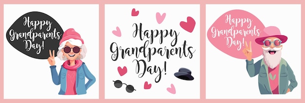 Grandparents day cards with senior man and woman in sunglasses and a baseball cap