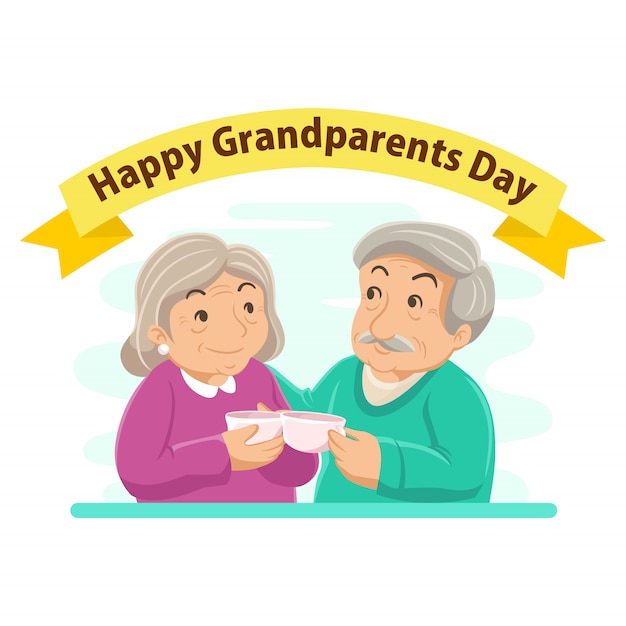 Vector grandparents day flat design illustration. grandpa and grandma drink coffee together