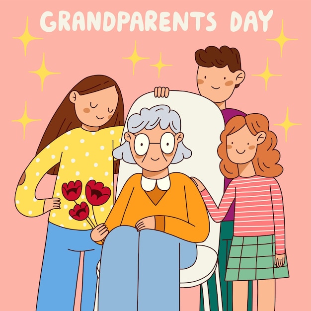 조부모의 날 손으로 그린 가족 구성원과 함께 평면 그림 엽서 디자인