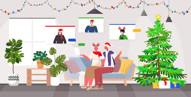 grandparents in festive hats discussing with children in masks during video call coronavirus quarantine concept new year christmas holidays celebration living room interior  full length vect