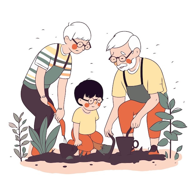 Vector grandparents and grandson gardening in a flat style