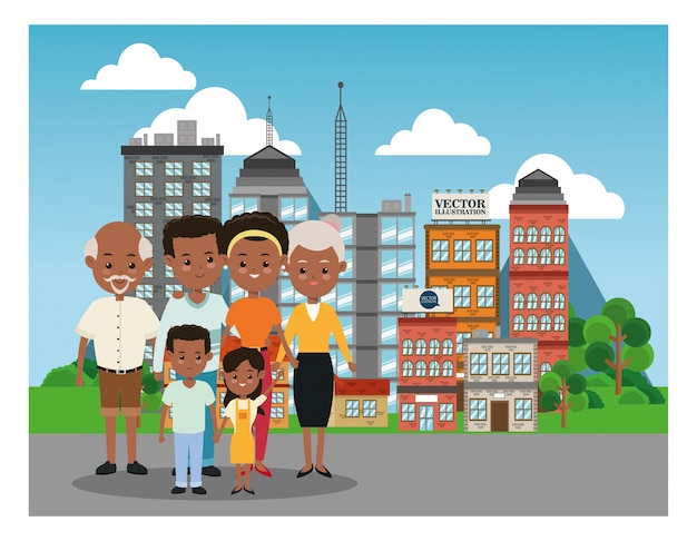 Vector grandparents, parents and kids icon. family. city landscape