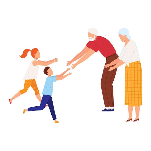 Vector grandparents welcoming grandchildren with open arms elderly couple greeting boy and girl familial