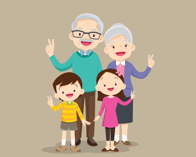 子供の勝利の手を持つ祖父母
