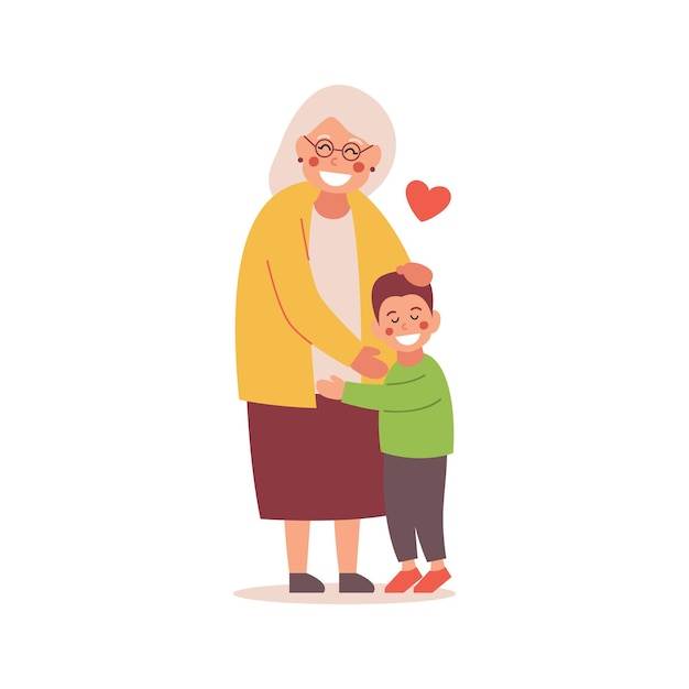 Vector the grandson hugs his grandmother. illustration.