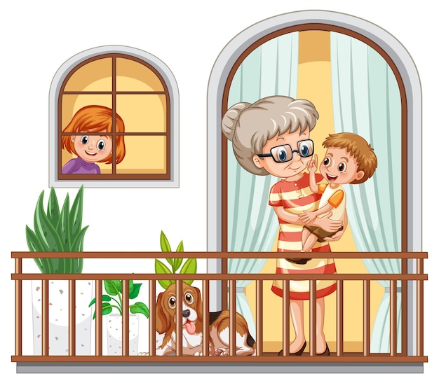 Бабушка и ее племянник стоят на балконе