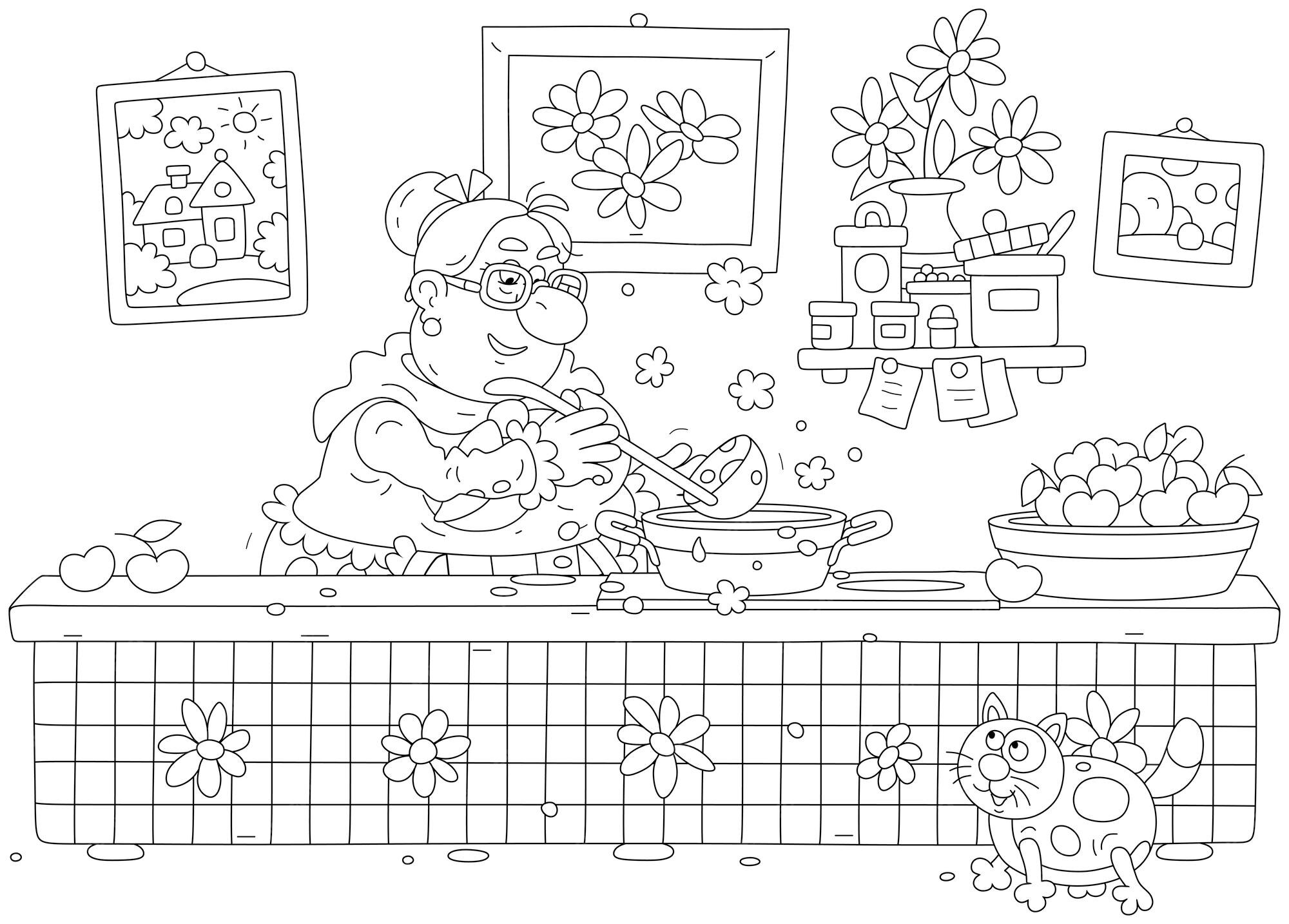 Premium Vector Granny cooking cherry jam in a kitchen decorated with