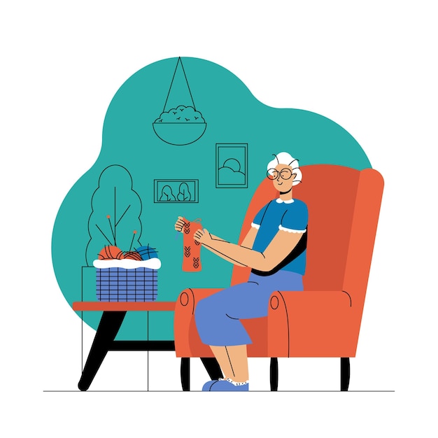 Granny in glasses knitting sweater on armchair at home illustration