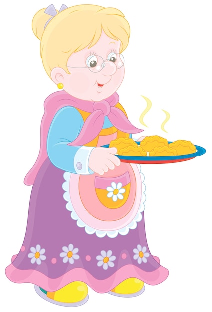 Vector granny holding a tray of freshly baked patties