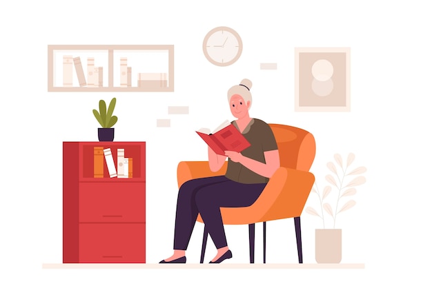 Granny reading a book on the couch