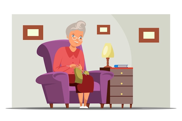 Vector granny sitting in armchair with wool thread ball and needles