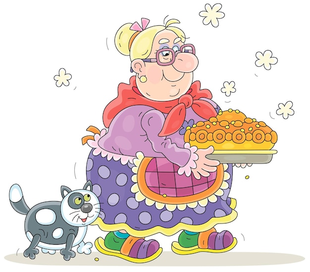 Granny with her plump cat baked a traditional sweet tart for a festive table and a merry tea party