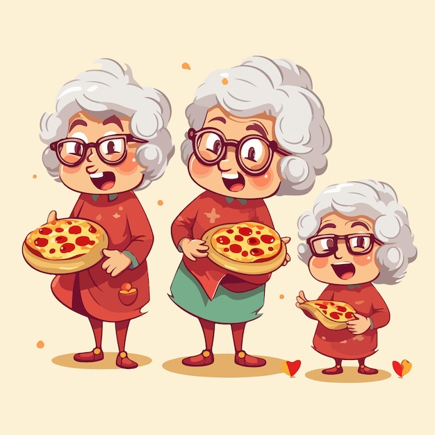 Vector granny with pizza in a vector illustration
