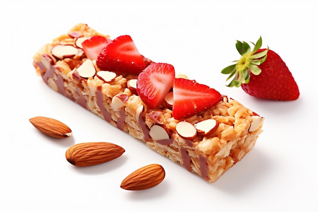 Vector granola bar with fresh strawberries and white chocolate isolated on white background