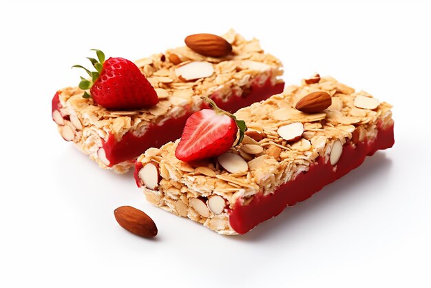 Granola bar with fresh strawberries and white chocolate isolated on white background