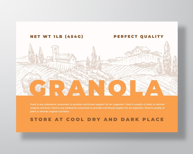 Granola Cereal Label Template Oatmeal Abstract Vector Packaging Design Layout Modern Typography Banner with Hand Drawn Rural Landscape Background