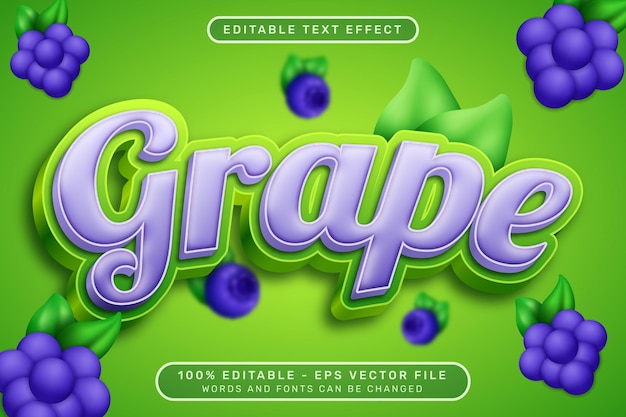 grape 3d text effect and editable text effect with grape and leaf illustrations