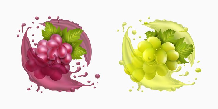Vector grape bunch juicy realistic berries with fresh juice in motion colorful water drops autumn wine plants red bordeaux 3d splash winery agriculture alcohol beverage vector realistic set