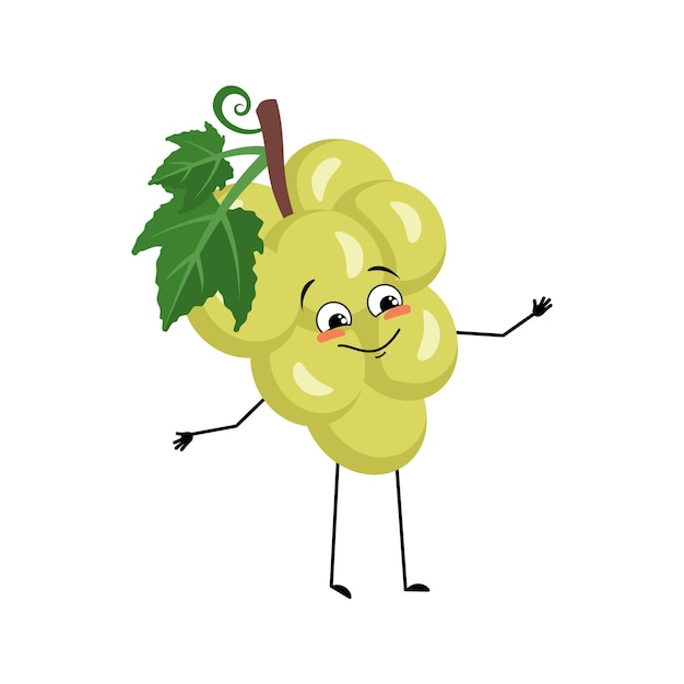 Grape character with happy emotion, joyful face, smile eyes, arms and legs. Person with expression, berry or fruit emoticon. Vector flat illustration