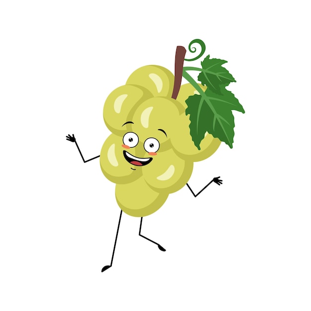 Grape character with happy emotion, joyful face, smile eyes, arms and legs. Person with expression, berry or fruit emoticon. Vector flat illustration