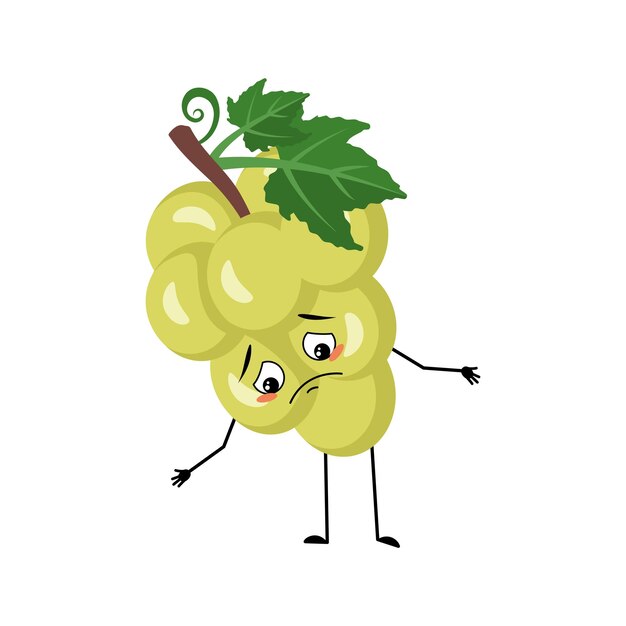 Vector grape character with sad emotions, depressed face, down eyes, arms and legs. person with melancholy expression, berry emoticon. vector flat illustration