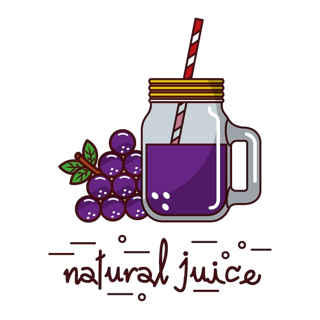 Vettore uva e succo di frutta e vetro naturale e paglia