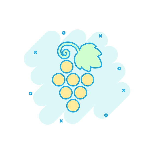 Grape fruits sign icon in comic style Grapevine vector cartoon illustration on white isolated background Wine grapes business concept splash effect