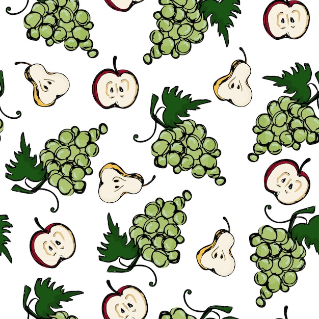 白い背景の上のブドウ梨とリンゴのベクトルのシームレスなパターン