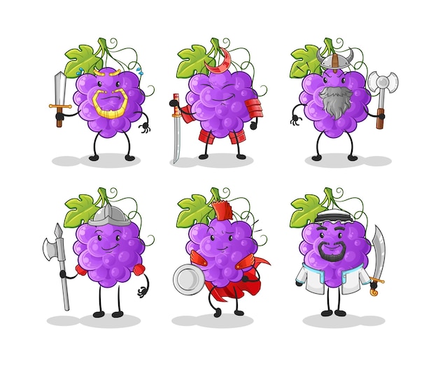 The grape warrior group character. cartoon mascot vector