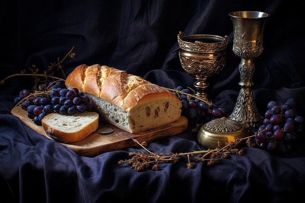 Grapes bread holy bible christian cross and chalice for holy communion