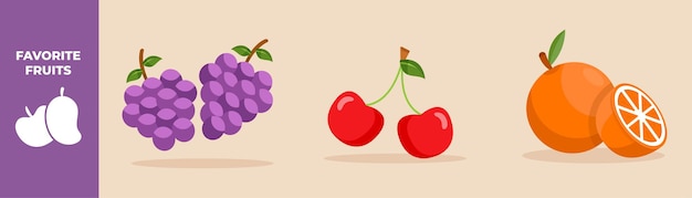 Grapes cherry ang oranges Fruits set concept Colored flat graphic vector illustration isolated