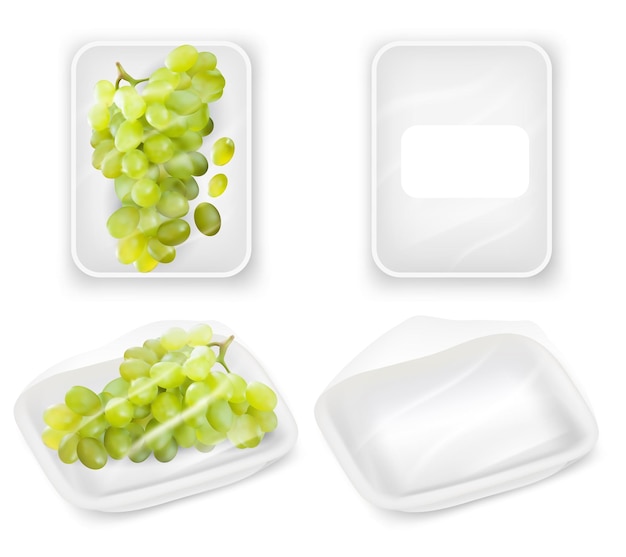 Grapes tray packaging vector realistic mockup set