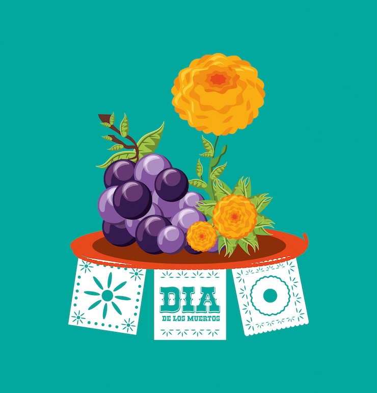 Vector grapes with flowers for day of the dead