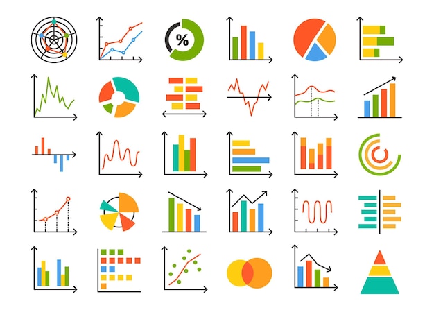 Graph and chart icons Diagram and infographic elements business data visualization with pie charts bar graphs line diagrams and statistic reports Information analysis vector set
