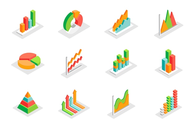 Vector graph and charts concept 3d isometric icons set vector illustration in modern isometry design