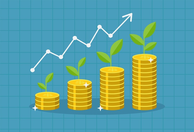 graph growing money in flat style stacks of coins income growth finance concept