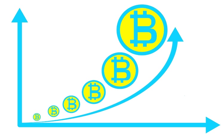 Vector graph showing the value of bitcoin rising cryptocurrency growth with time