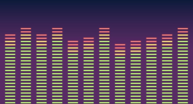 A graph of sound frequencies in green equalizer bands Equalizer with red peak values