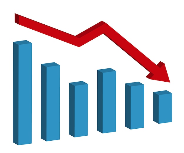 Vettore grafico con rapporto di diminuzione. diagramma 3d con andamento di recessione e fallimento.