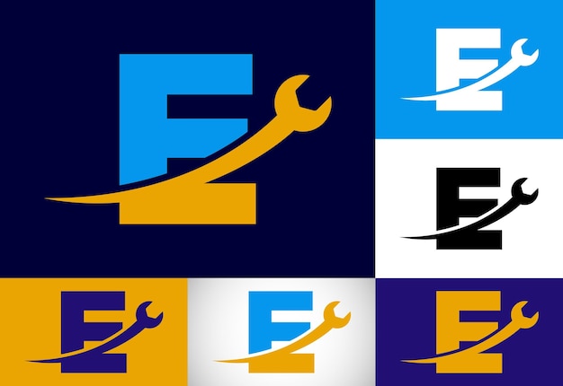 기계 기술 수리 서비스 자동차 사업을 위한 렌치 로고가 있는 그래픽 알파벳 E