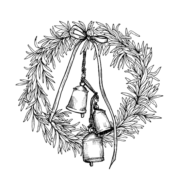 graphic black and white image of a New Year's wreath of eucalyptus twigs with bells